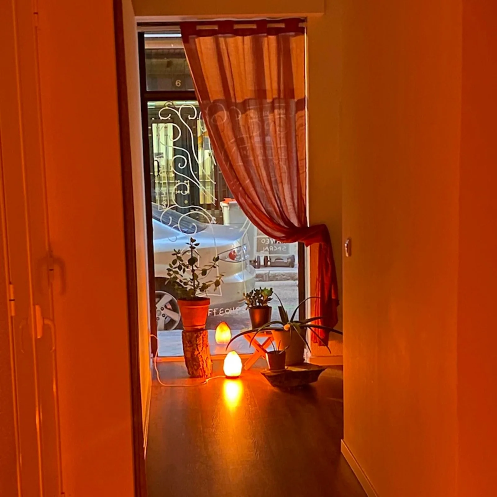 Pasillo del centro con la cortina naranja y plantas al fondo